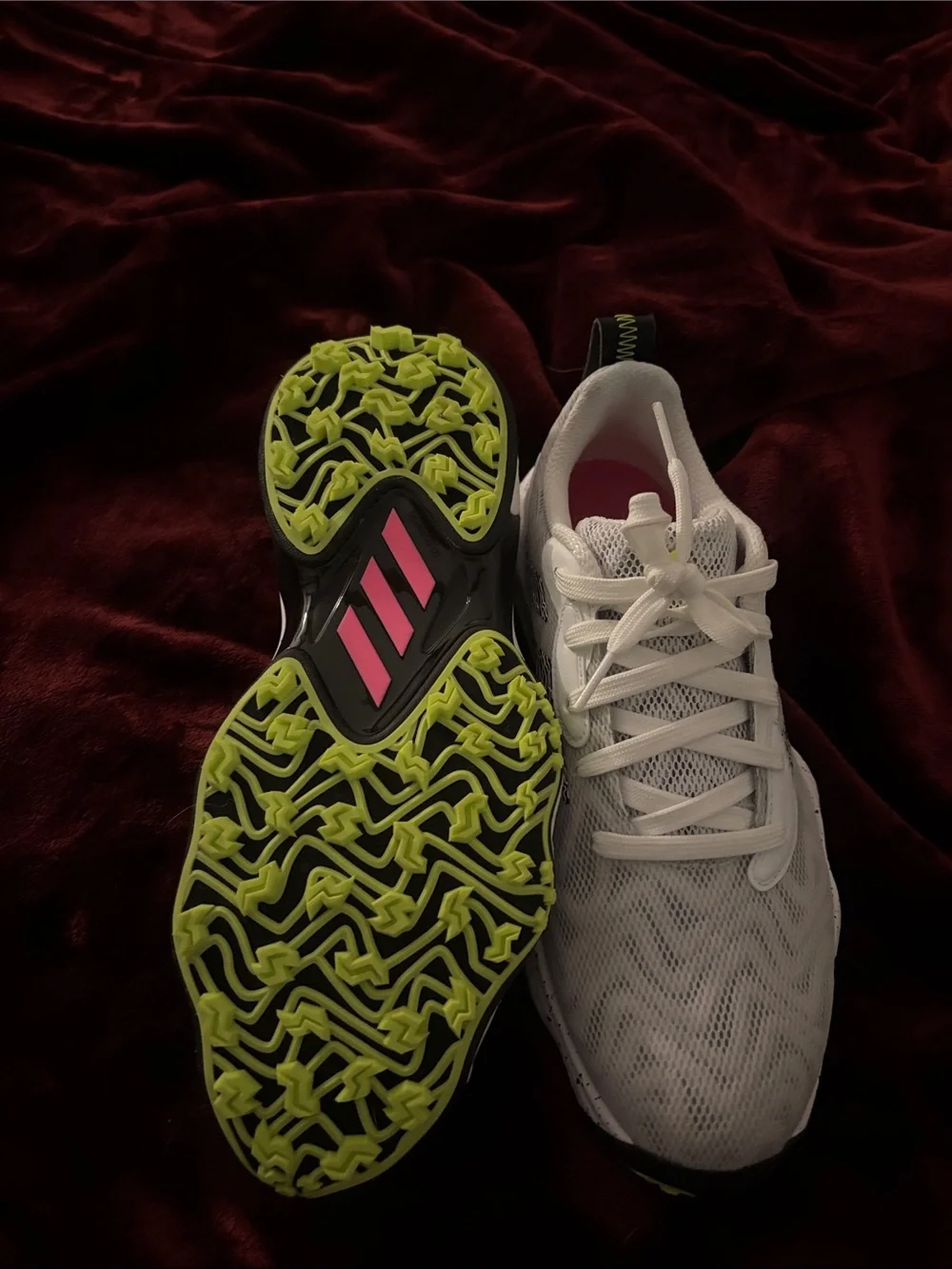 adidas White Athletic Running Shoes with Black and Lime Accents